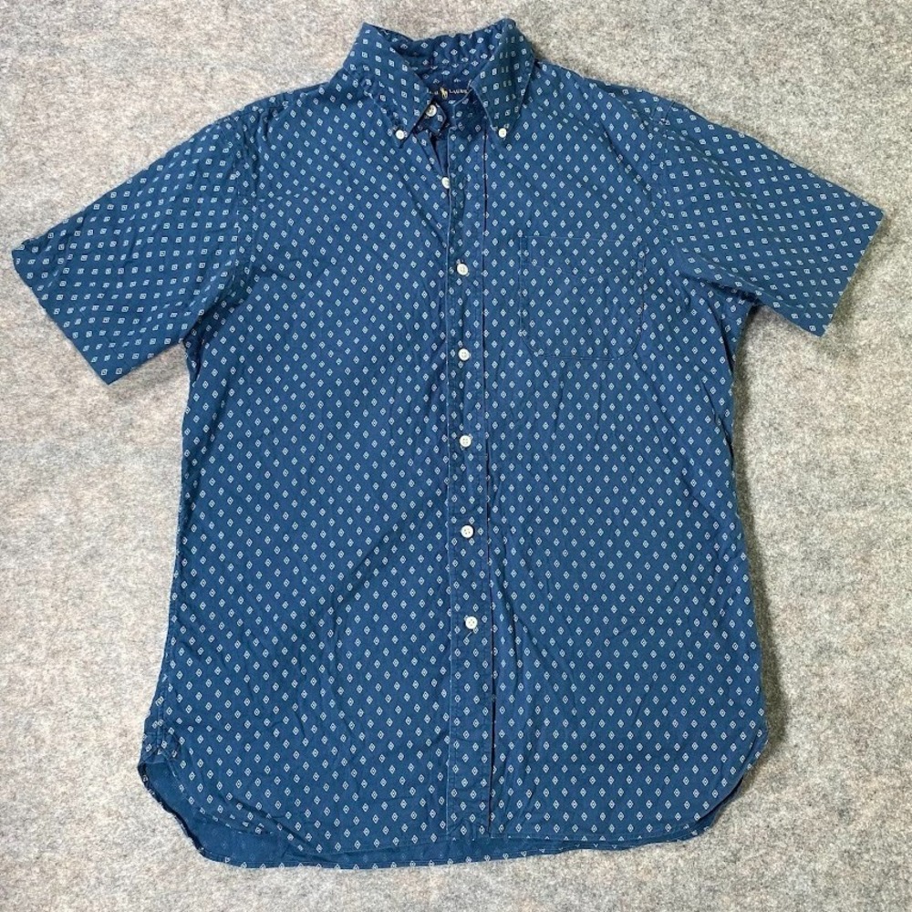 Ralph Lauren Men's M Short Sleeve Button Down 100% Cotton Navy Geometric Shirt
